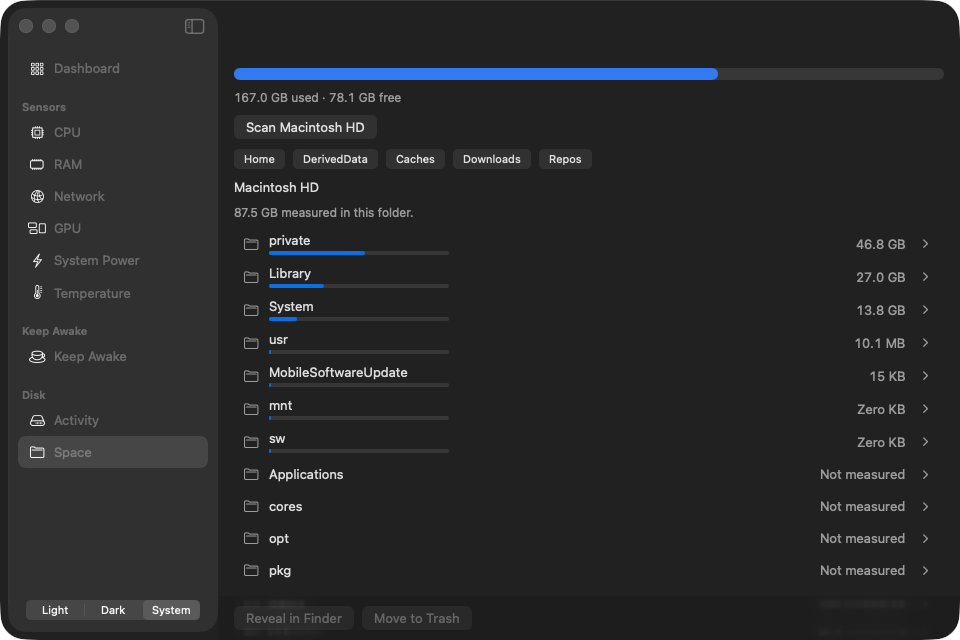 KeepStat disk space used and free