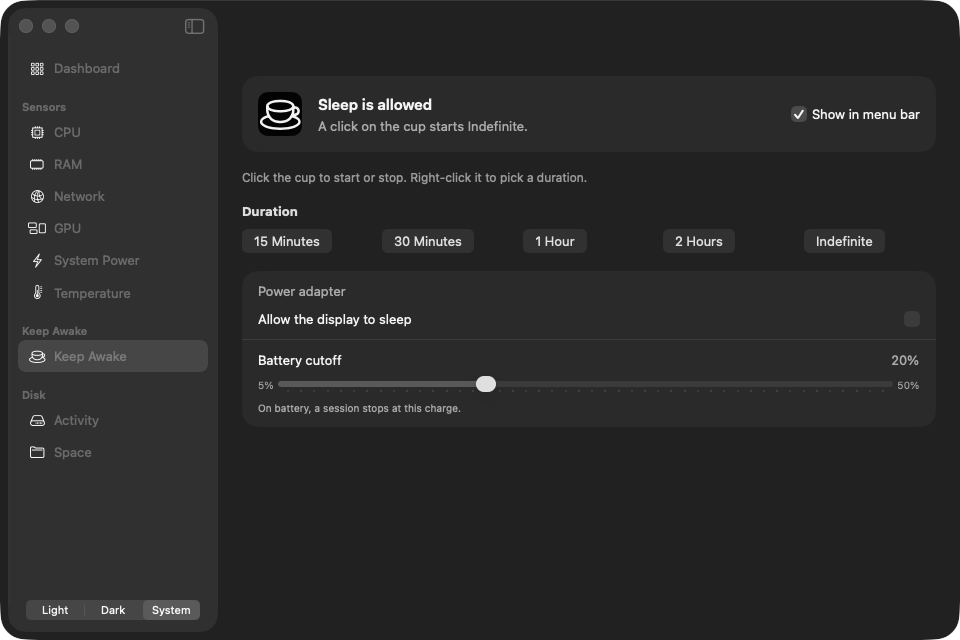 KeepStat keep awake duration controls