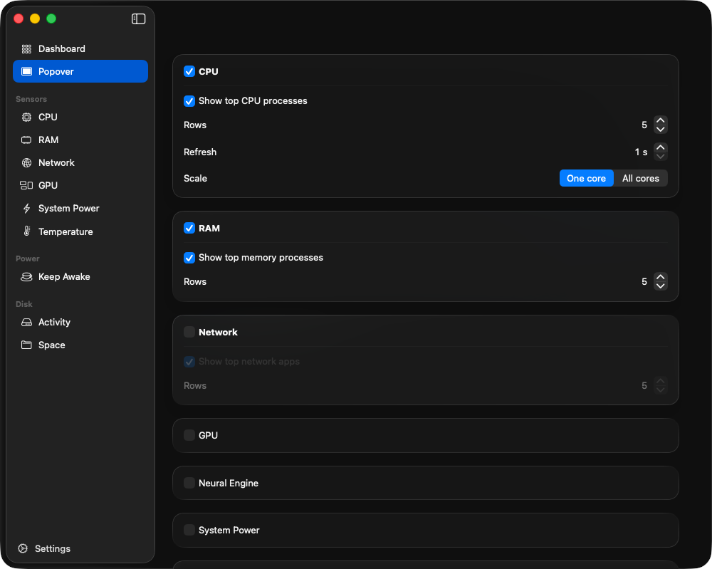 Popover settings page with Network off and its rows dimmed