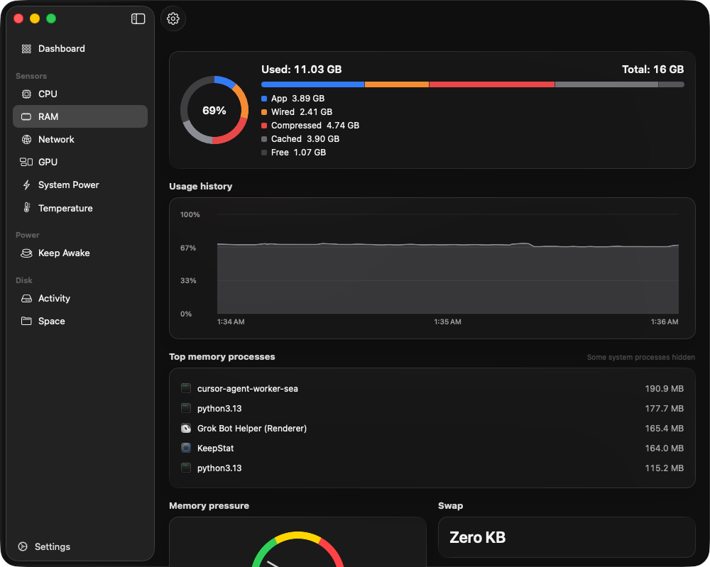 KeepStat RAM page with Top memory processes in a card