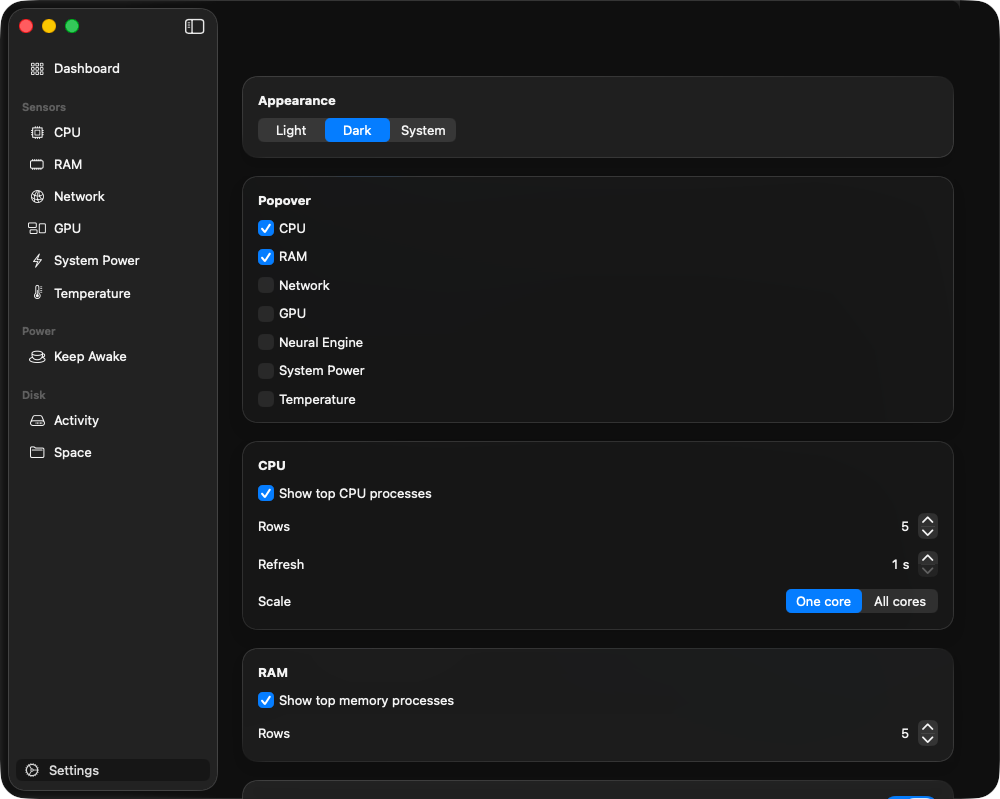 KeepStat Settings with CPU and RAM process list controls